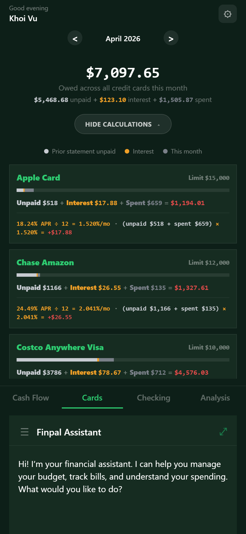 Cards — what you owe